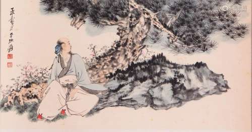 CHINESE SCROLL PAINTING OF MAN UNDER PINE