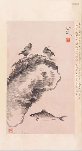 CHINESE SCROLL PAINTING OF BIRDS ON ROCK