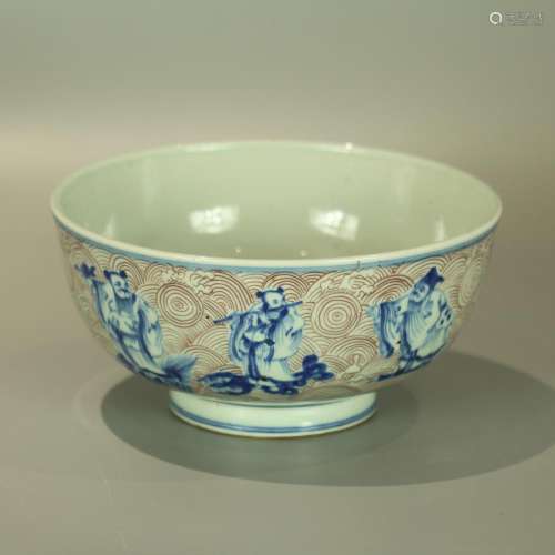 CHINESE PORCELAIN BLUE AND WHITE RED UNDER GLAZE EIGHT IMMORTALS BOWL