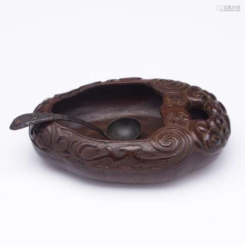 CHINESE ZITAN CARVED BRUSH WASHER WITH SPOON