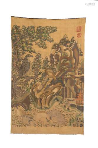 CHINESE KESI EAGLE AND RABBIT IN GARDEN TAPESTRY