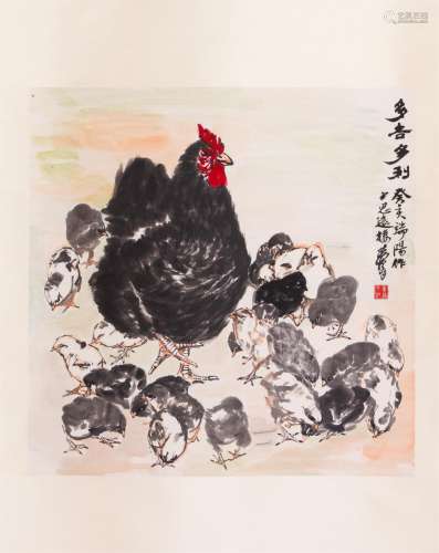 CHINESE SCROLL PAINTING OF CHICKEN FAMILY