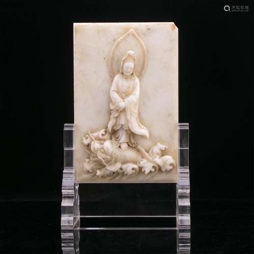 CHINESE MARBLE PLAQUE OF STANDING GUANYIN TABLE SCREEN