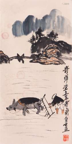 CHINESE SCROLL PAINTING OF FARMER BY RIVER