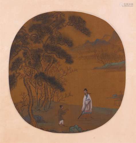 CHINESE ROUND FAN PAINTING OF MAN BY RIVER
