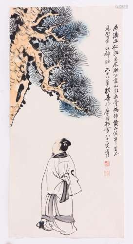 CHINESE SCROLL PAINTING OF WISE MAN UNDER PINE