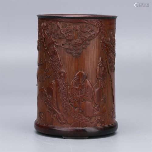 CHINESE BAMBOO CARVED FIGURE UNDER PINE BRUSH POT