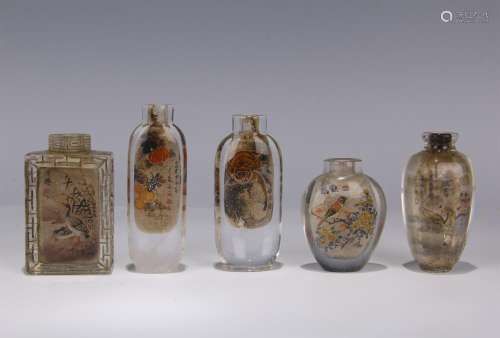 FIVE CHINESE ROCK CRYSTAL INSIDE PAINTED SNUFF BOTTLES