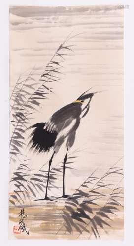 CHINESE SCROLL PAINTING OF CRANE BY RIVER
