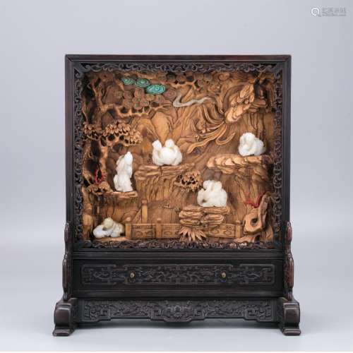 CHINESE WHITE JADE FIGURES INLAID BOXWOOD AND ROSEWOOD TABLE SCREEN