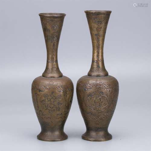 PAIR OF CHINESE SILVER THREAD INLAID BRONZE ARABIC CHARACTER VASES