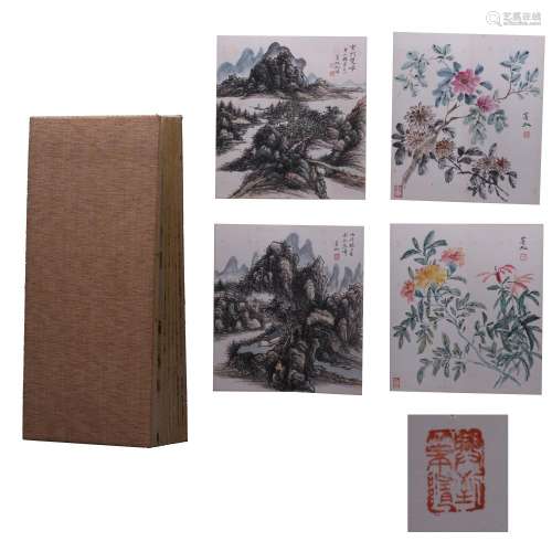 FOUR PAGES OF CHINESE ALBUM PAINTING OF LANDSCAPE AND FLOWER