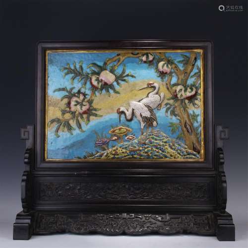 CHINESE CLOISONNE PLAQUE INLAID ROSEWOOD HONGMU TABLE SCREEN