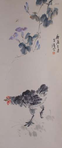 CHINESE SCROLL PAINTING OF CHECKEN AND FLOWER