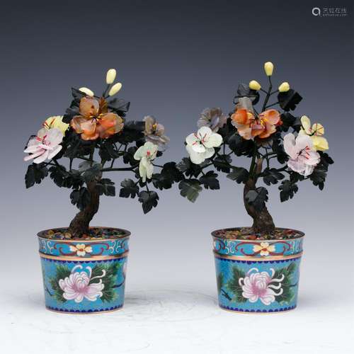 PAIR OF CHINESE JADE FLOWER IN CLOISONNE BASINS