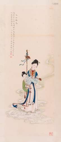 CHINESE SCROLL PAINTING OF BEAUTIES IN CLOUD