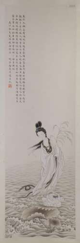 CHINESE SCROLL PAINTING OF BEAUTY ON OCEAN