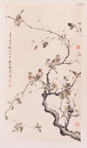 CHINESE SCROLL PAINTING OF BRIDS ON TREE
