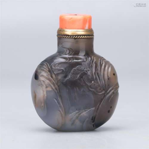 CHINESE AGATE CORAL STOPPER SNUFF BOTTLE