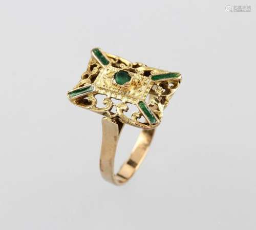 18 kt gold ring with emerald and enamel