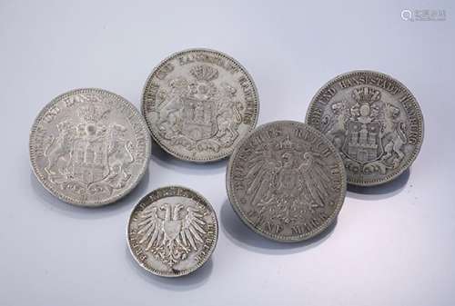 Lot 5 silver coins, Germany