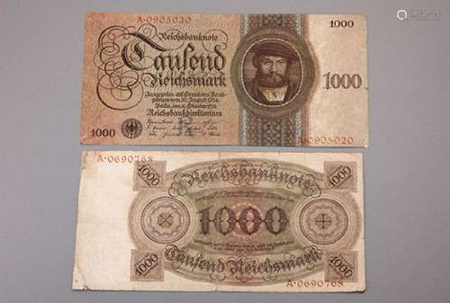 Lot 2 banknotes, 1,000 Reichsmark, Germany, 1924