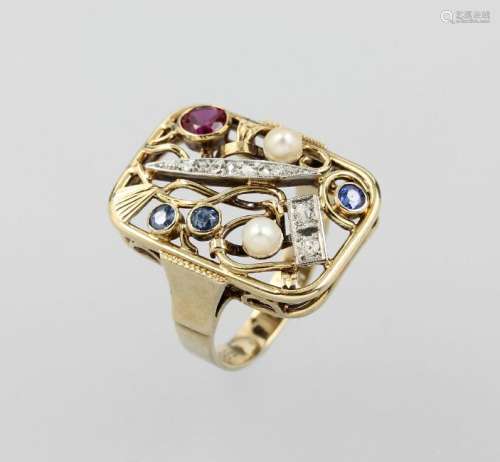 Ring with coloured stones, diamonds and pearl, german