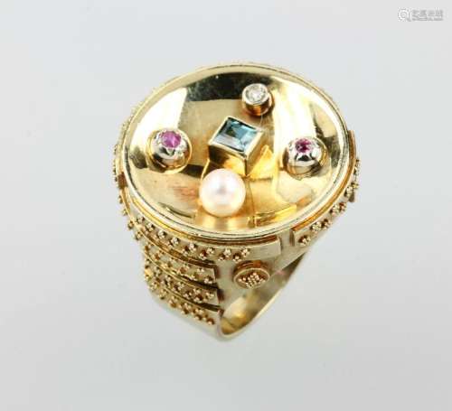 14 kt gold ring with diamond, coloured stones and
