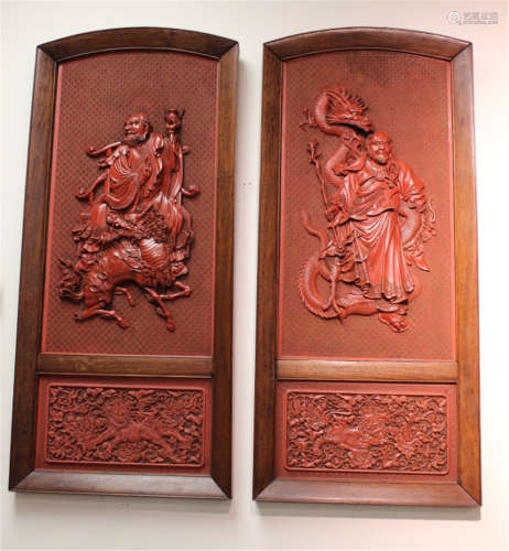 Large Pair of Chinese Red Cinnabar Wall Plaque