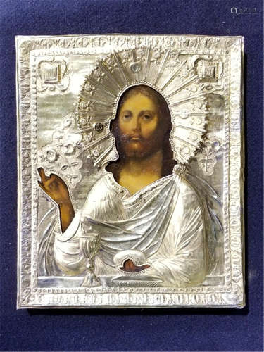 19C Russian Gilt Silver Icon Christ Pantocrator