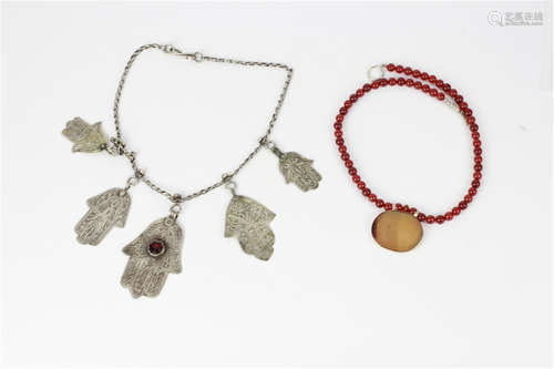 2 Judaica Silver Necklaces 1 Agate & 1 Red Stones