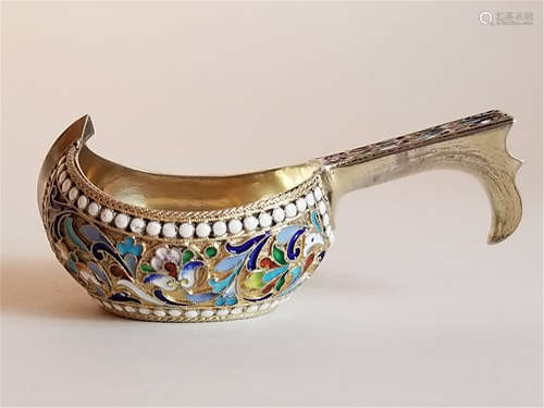 Antique Russian Gilt Silver Enamel Kovsh