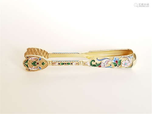 Russian Gilt Silver Shaded Enamel Sugar Tongs