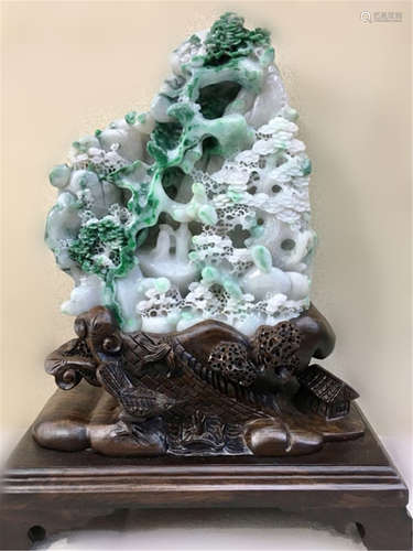 Chinese Jadeite Carved Boulder w Wood Stand