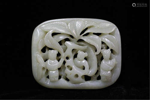 Chinese White Jade Carved Plaque, Open Work