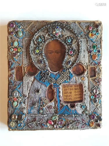 19C Russian Icon St.Nicholas Beads Gems Oklad