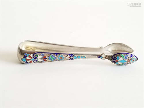 19C Russian Silver Enamel Sugar Tongs