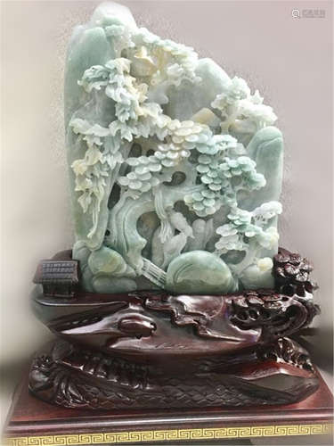 Chinese Jadeite Carved Boulder w Wood Stand