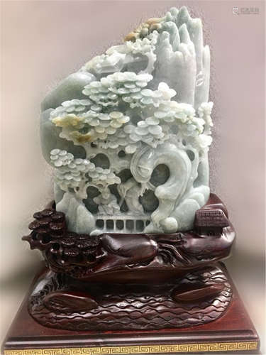 Chinese Jadeite Carved Boulder w Wood Stand