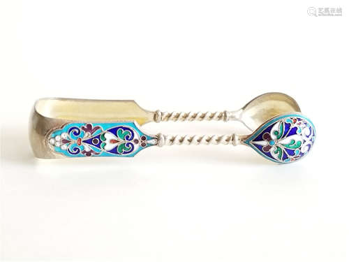 Antique Russian Silver Enamel Sugar Tongs