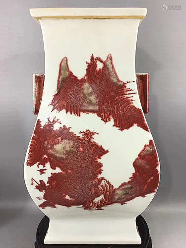 AN UNDERGLAZE RED LANDSCAPE AND CHARACTERS DESIGN DOUBLE ELEPANT EAR HONOUR