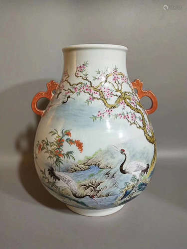 A COLOUR ENAMELS CRANE&LANDSCAPE PATTERN VASE