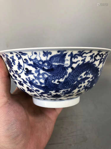 A BLUE AND WHITE DRAGON BOWL