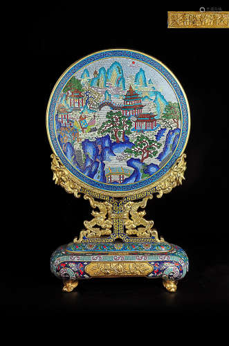 17-19TH CENTURY, A BRONZE CLOISONNE TABLE SCREEN, QING DYNASTY
