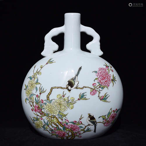 AN ENAMEL FLOWER&BIRD PATTERN FLAT VASE