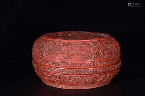 17-19TH CENTURY, A LANDSCAPE DESIGN RED LACQUER CARVING FRUIT CASE, QING DYNASTY