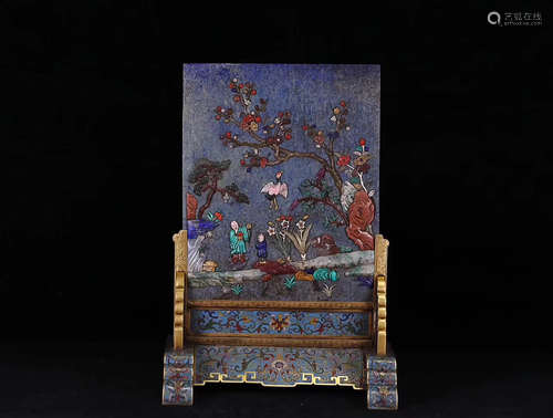 17-19TH CENTURY, A LAPIS LAZULI TABLE SCREEN WITH CLOISONNE BASE, QING DYNASTY