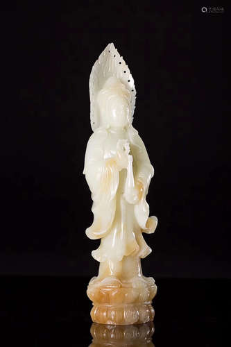 A GUANYIN PATTERN HETIAN JADE FIGURE