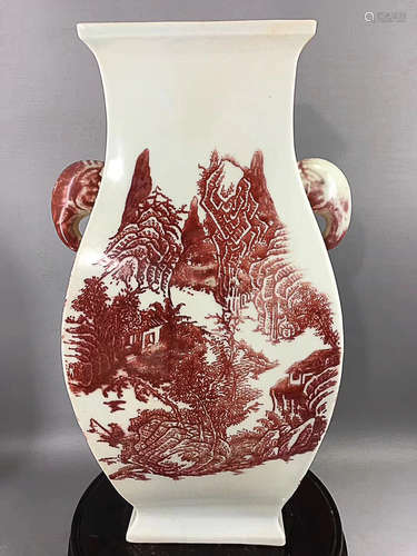 AN UNDERGLAZE RED LANDSCAPE AND CHARACTERS DESIGN DOUBLE ELEPANT EAR HONOUR