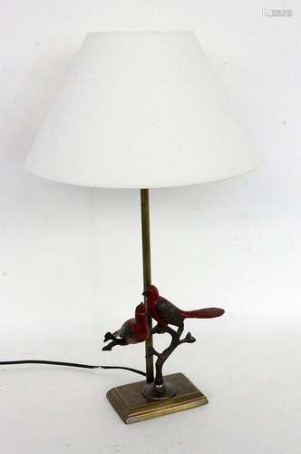 A TABLE LAMP WITH BIRD FIGURES. Fabric lampshade